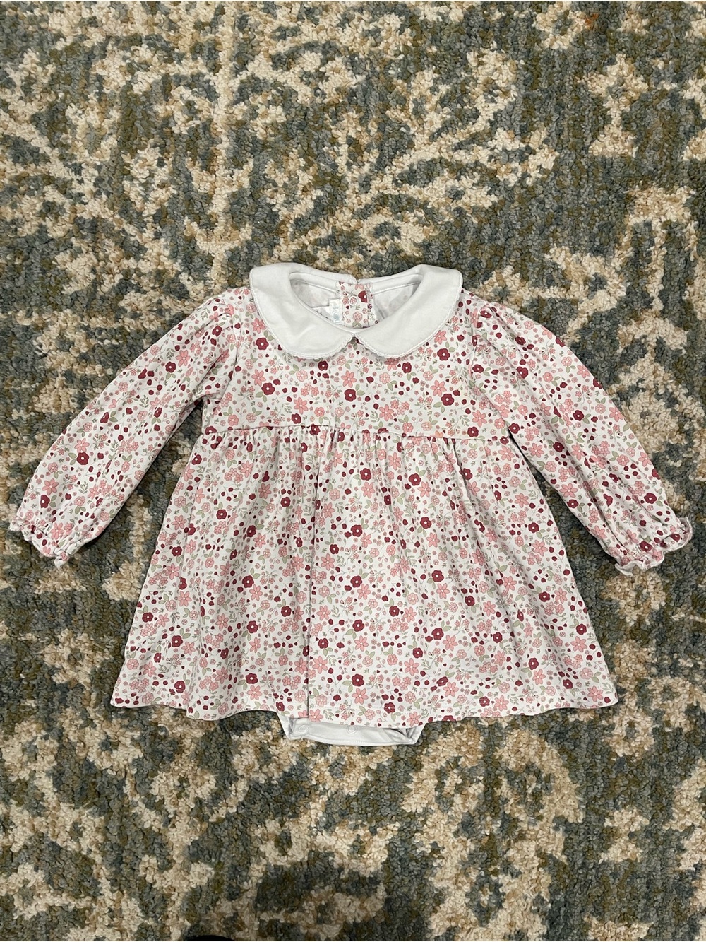 Girls' Floral Pink Long-Sleeve Dress with White Peter Pan Collar